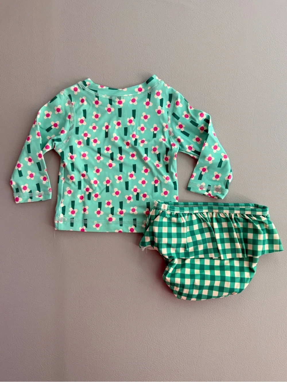 Hanna Andersson Rashguard & Skirted Bikini Bottoms Flowers on Green 18-24M NEW
